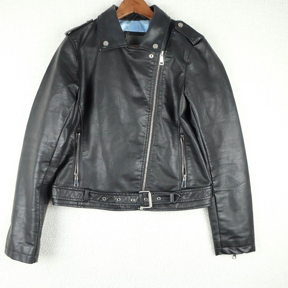 Ci Sono Biker Jacket Girls Large Black Faux Leather Moto Motorcycle Asymmetrical